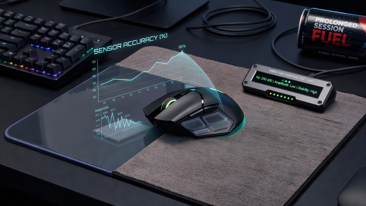Close-up view of gaming mouse feet with vibration damping layers on various mousepad textures
