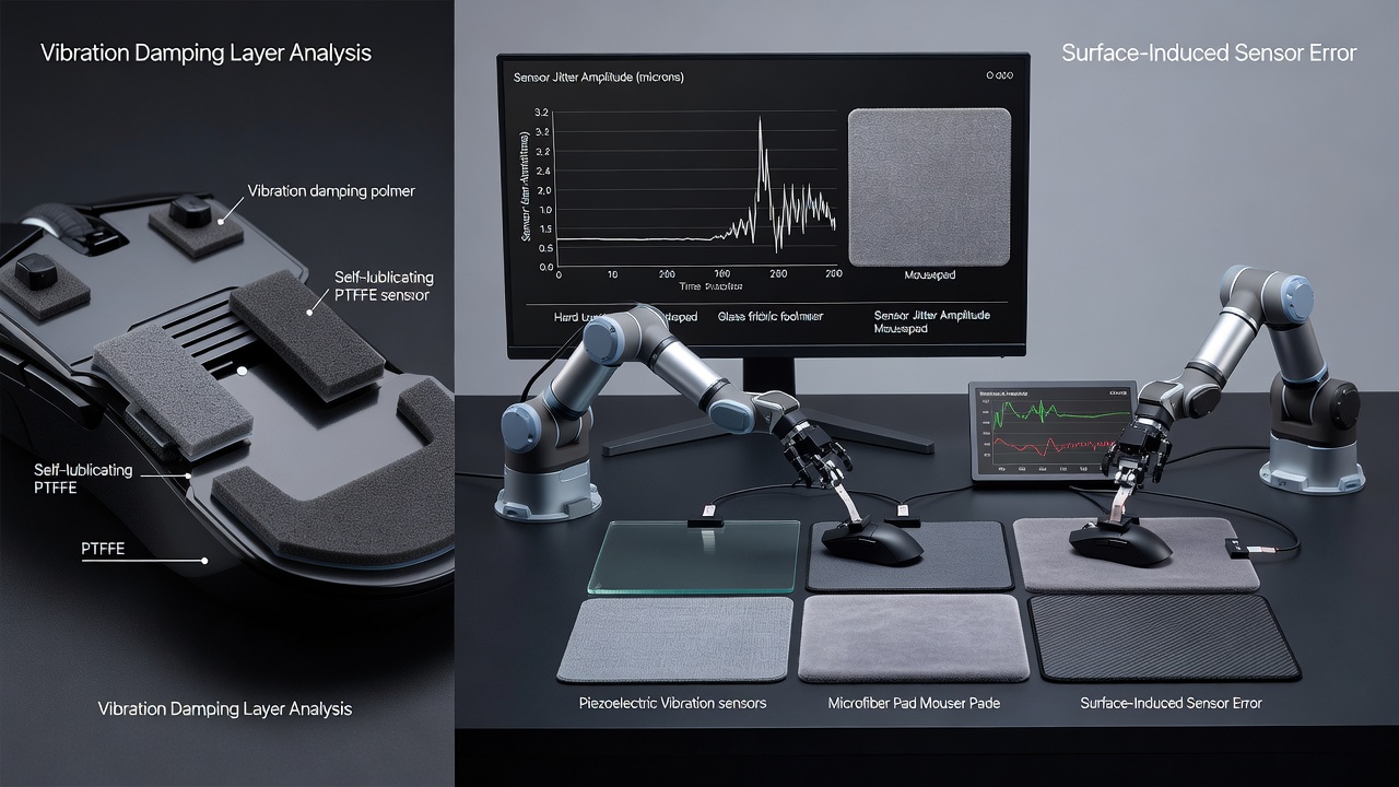 Sensor logging setup showing mouse movement data overlaid on different mousepad types during long practice sessions