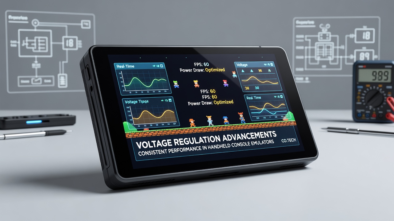 Competitive retro gaming tournament setup with multiple handheld emulators connected to timing equipment and displays
