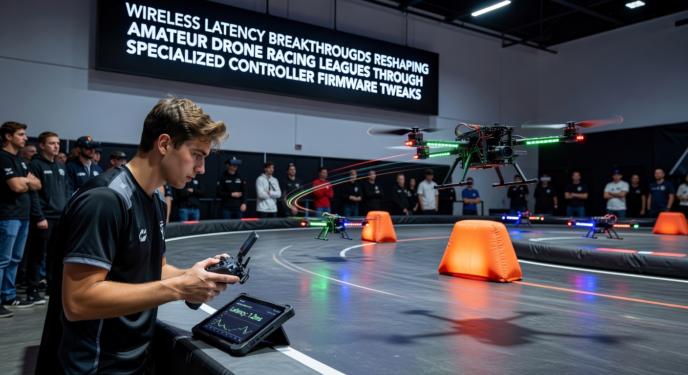 Drone racing controller firmware interface showing latency optimization settings in a competitive setup