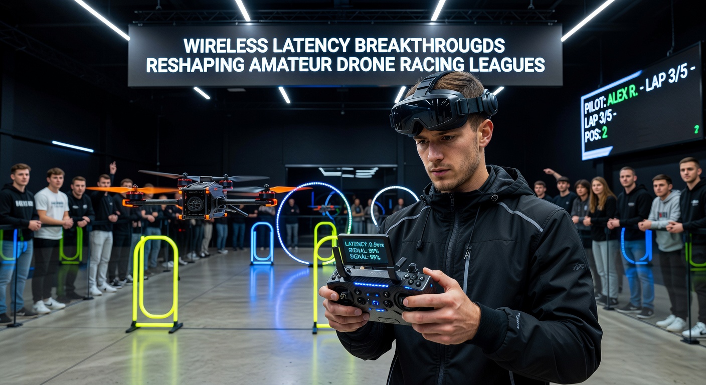 Amateur drone pilots testing updated controllers at a league event with timing equipment visible